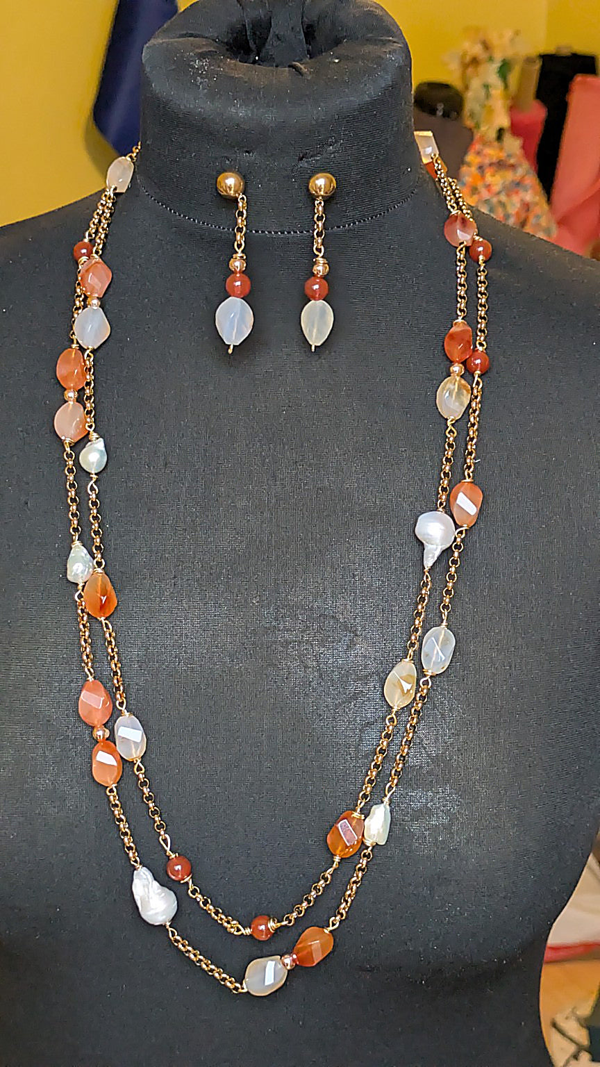 Sunset, Fresh Water Pearl and Carnelian Jewellery Set| Handmade Jewellery