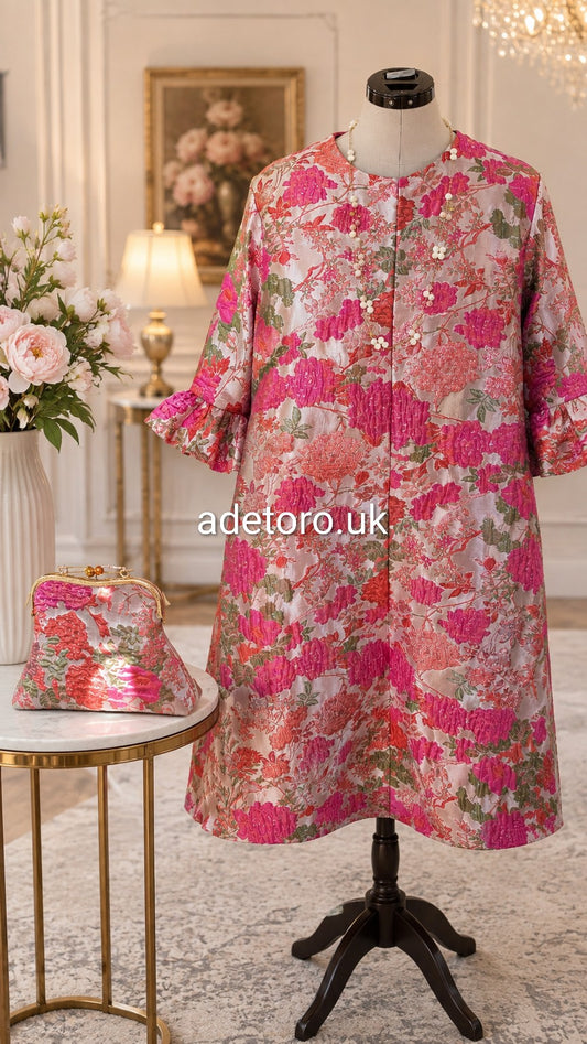 A pink and red floral printed tunic dress displayed on a black dress form in an elegant room, with a matching clutch purse on a side table. The dress has a textured crinkled fabric and a button-up front.