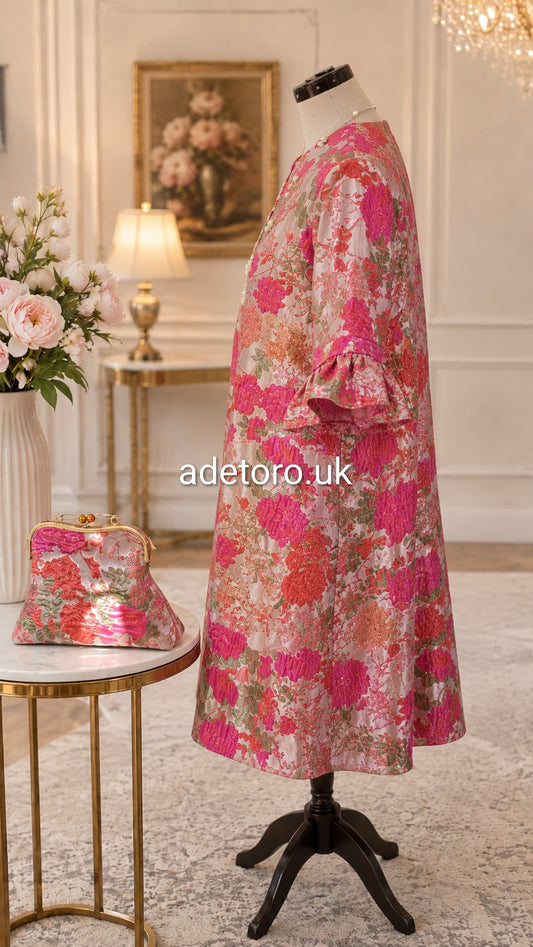 A pink and orange floral dress displayed on a mannequin in an elegant room, with a matching floral handbag on a side table. The dress has a tiered skirt and ruffled sleeves.