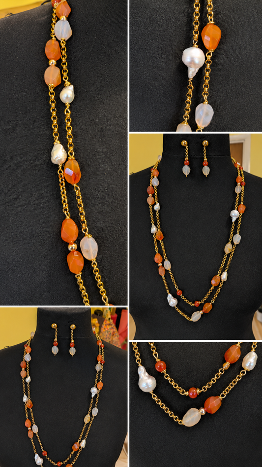 A multi-strand gold chain necklace with orange and white beads, shown on black jewelry mannequins in a collage layout. The collage includes close-up views of the necklace and matching drop earrings.