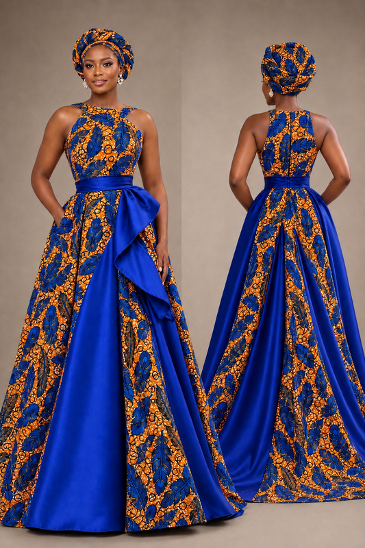A woman modeling a royal blue and orange patterned formal gown in front and back views against a plain beige studio background.