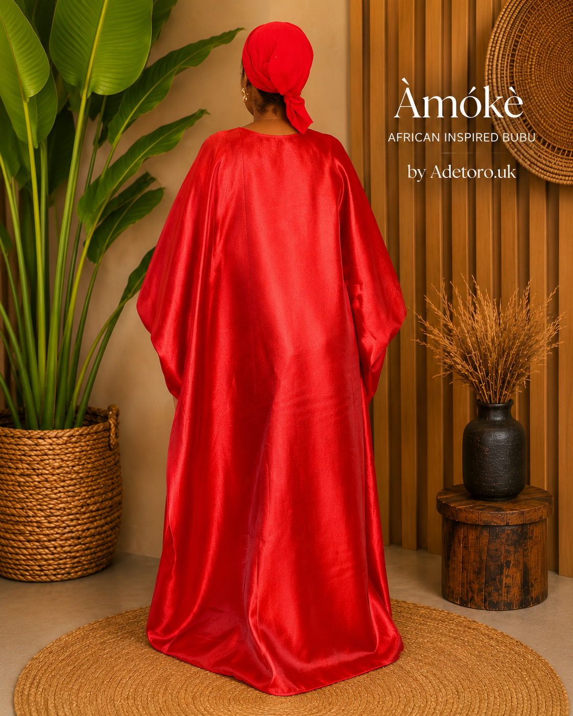 A woman stands with her back to the camera wearing a flowing red satin-like abaya and matching red headwrap in a styled indoor setting with plants, wood paneling, and woven decor. Text on the right reads “Āmóké AFRICAN INSPIRED BUBU by Adetoro.