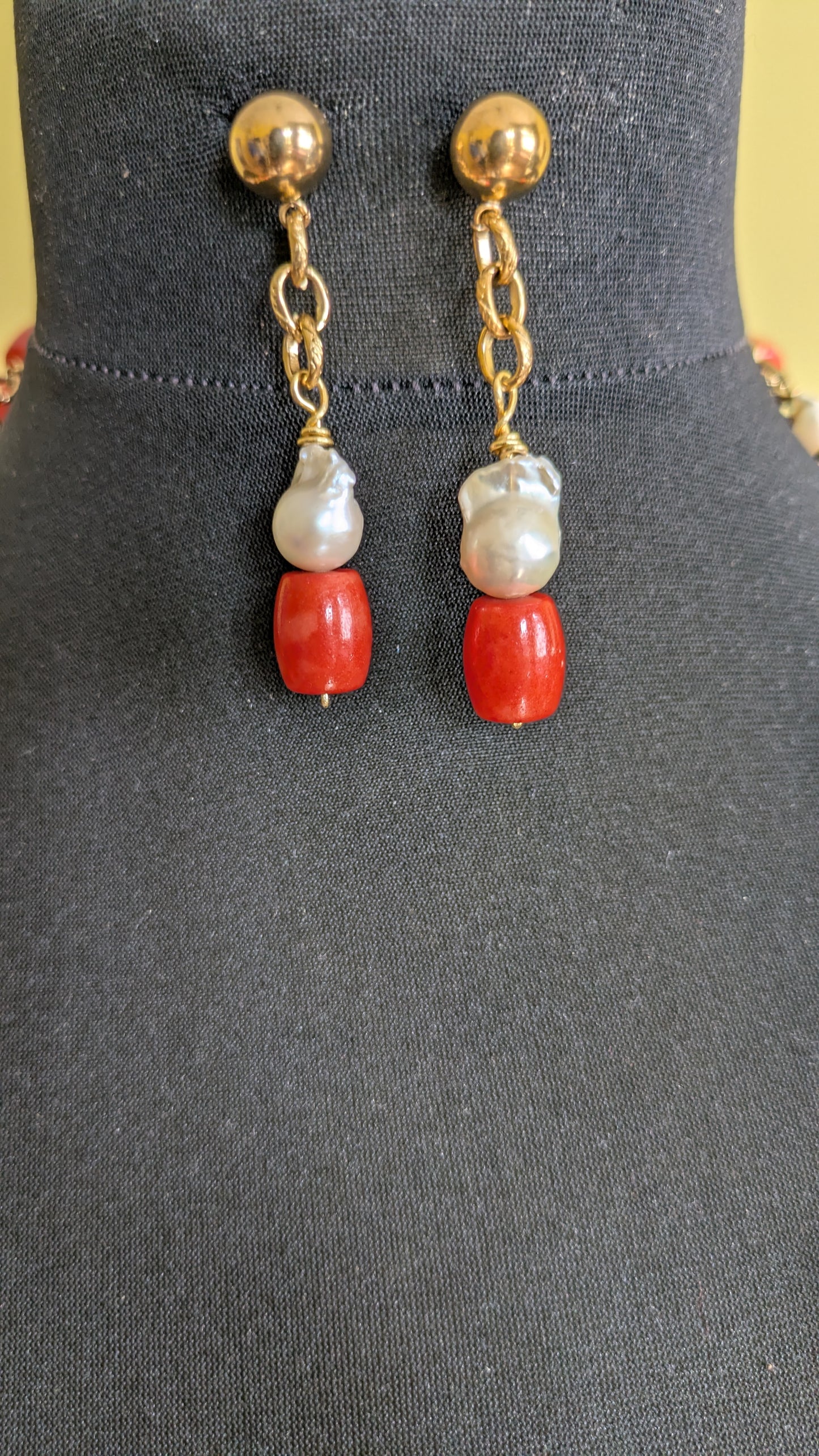 Coral and Pearl Double Strand Necklace and Earrings Set