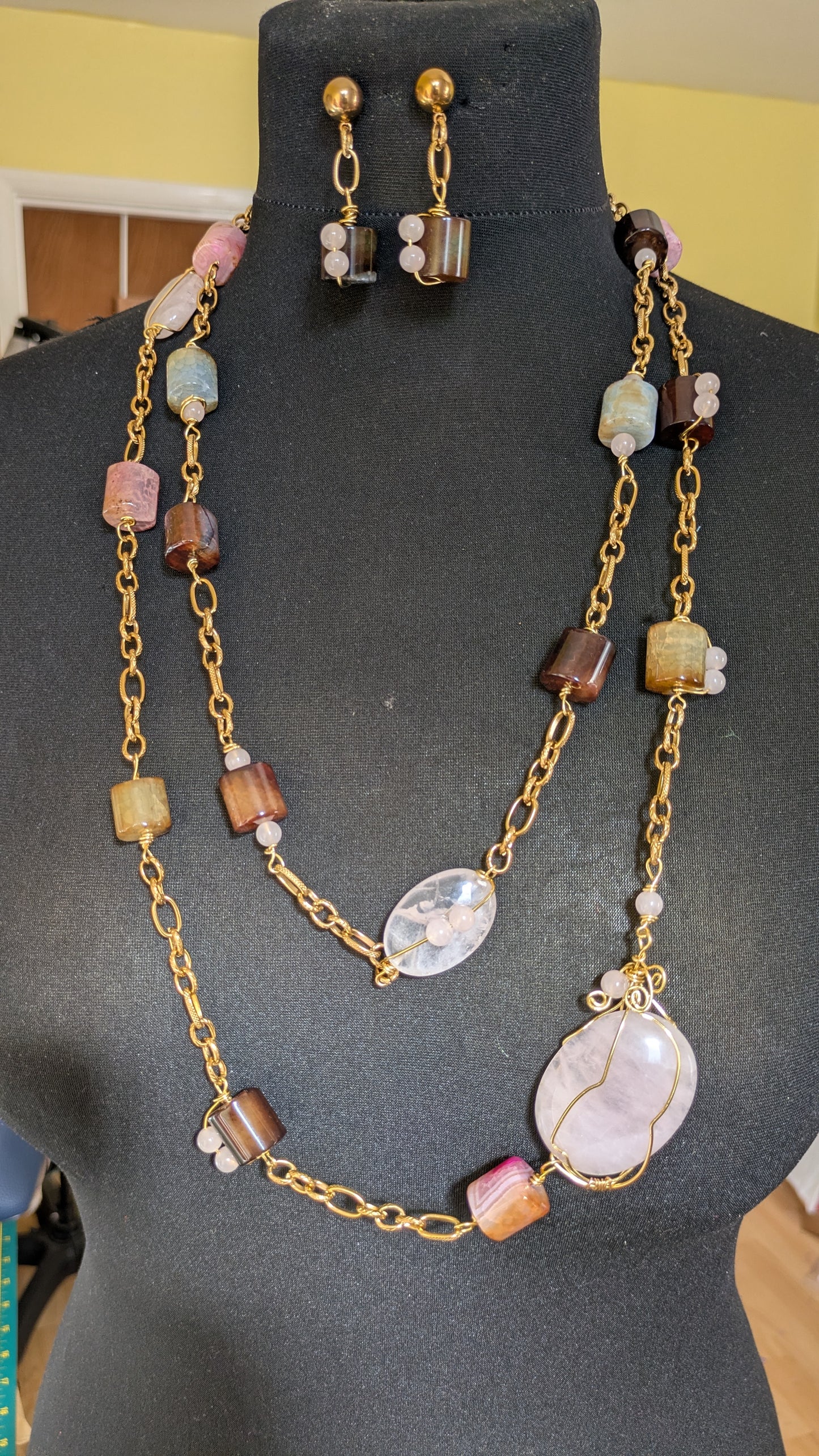 Ife Rose | Multi-Colour Agate and Rose Quartz Statement Necklace and Earrings Set