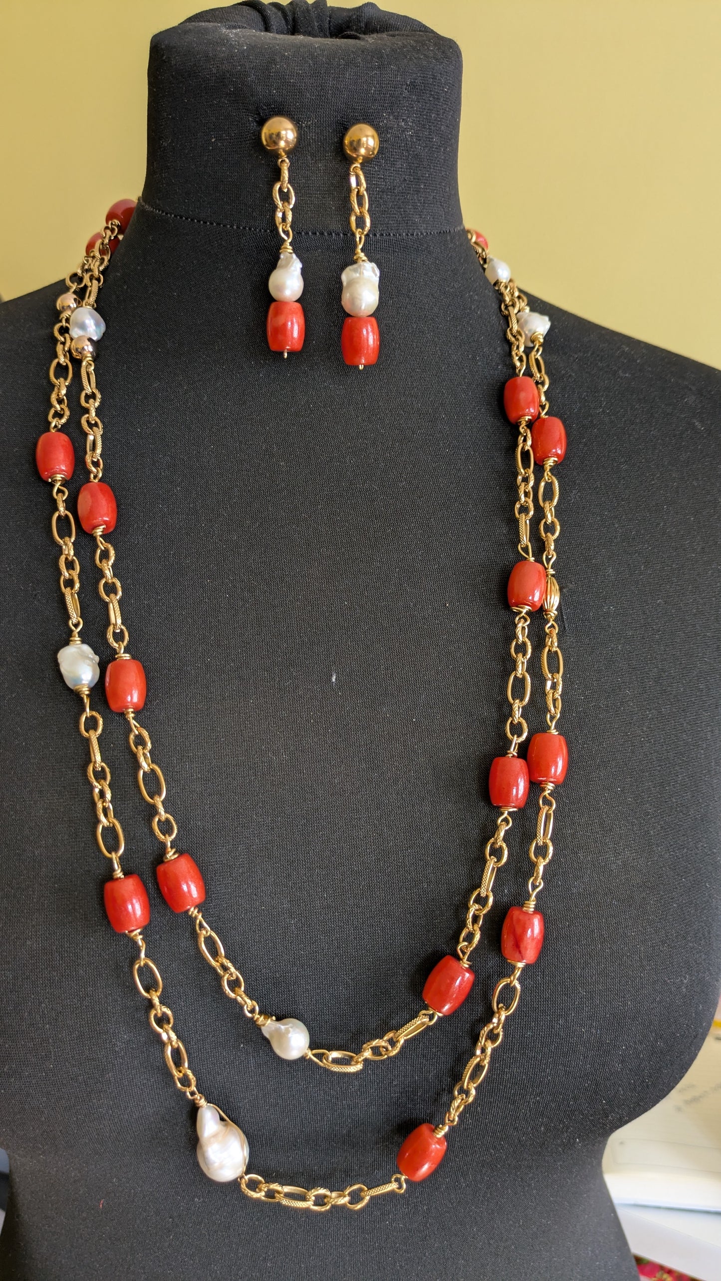 Coral and Pearl Double Strand Necklace and Earrings Set
