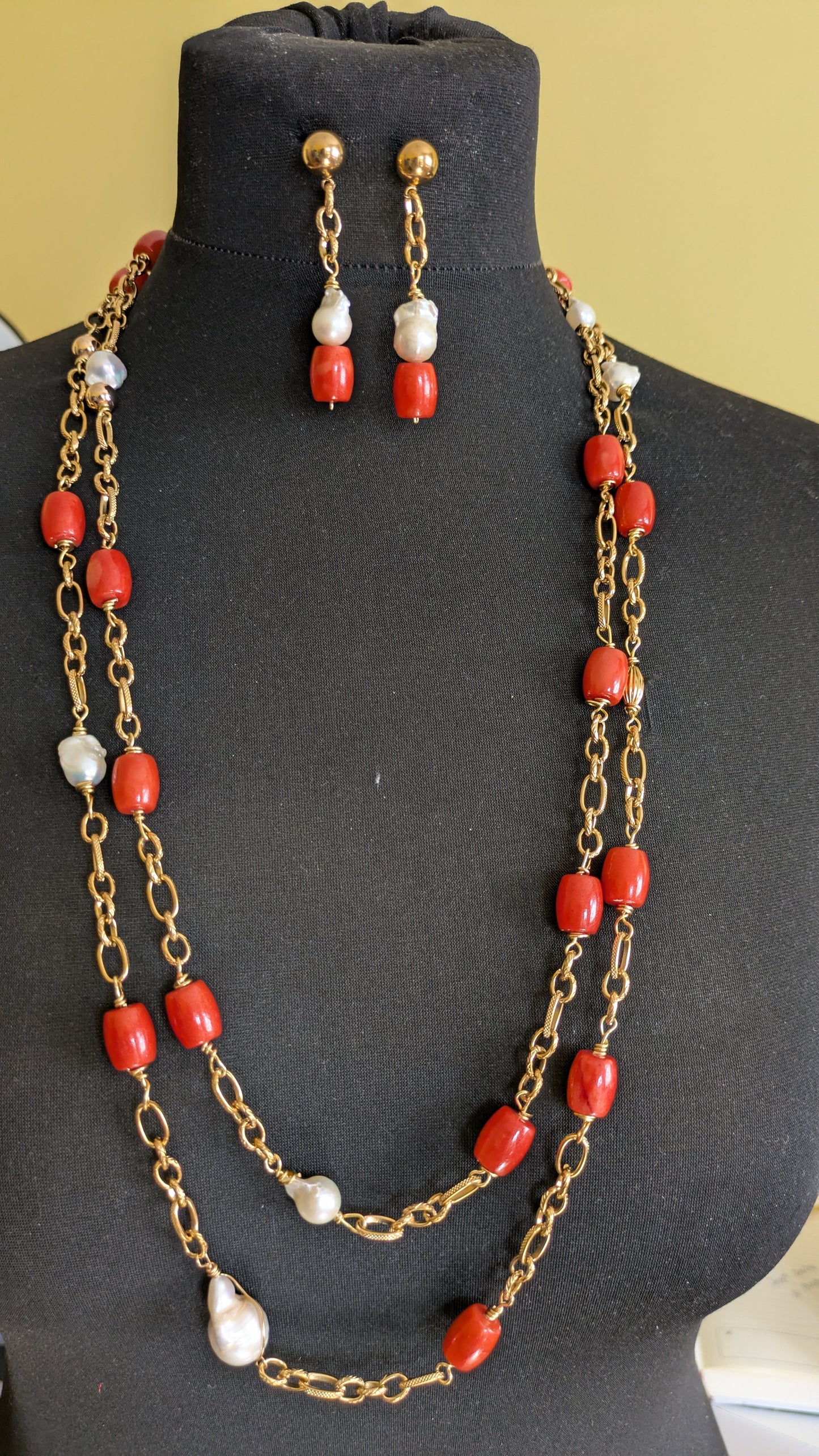 Coral and Pearl Double Strand Necklace and Earrings Set