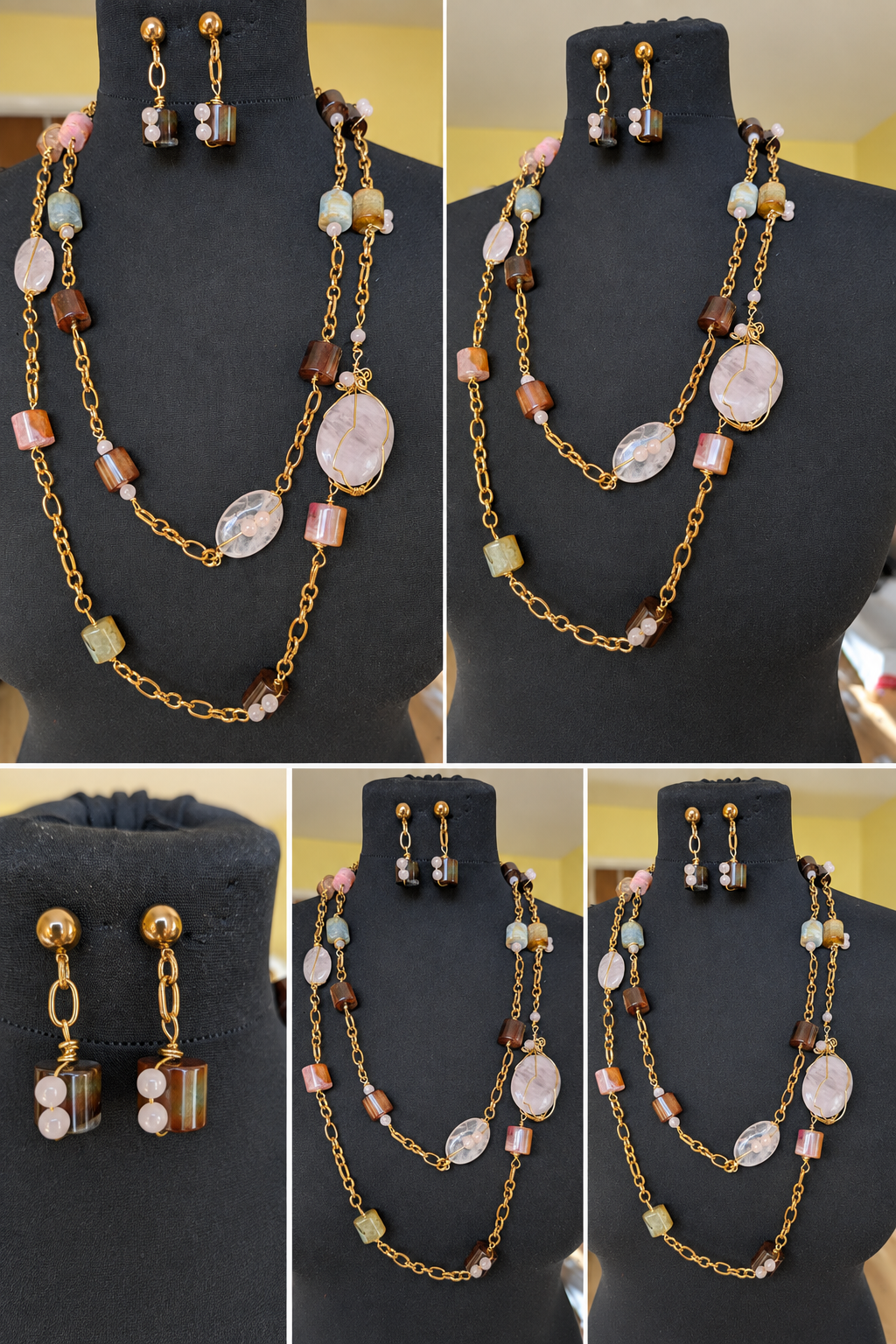 Ife Rose | Multi-Colour Agate and Rose Quartz Statement Necklace and Earrings Set