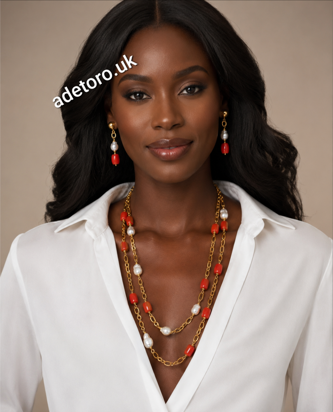 Coral and Pearl Double Strand Necklace and Earrings Set