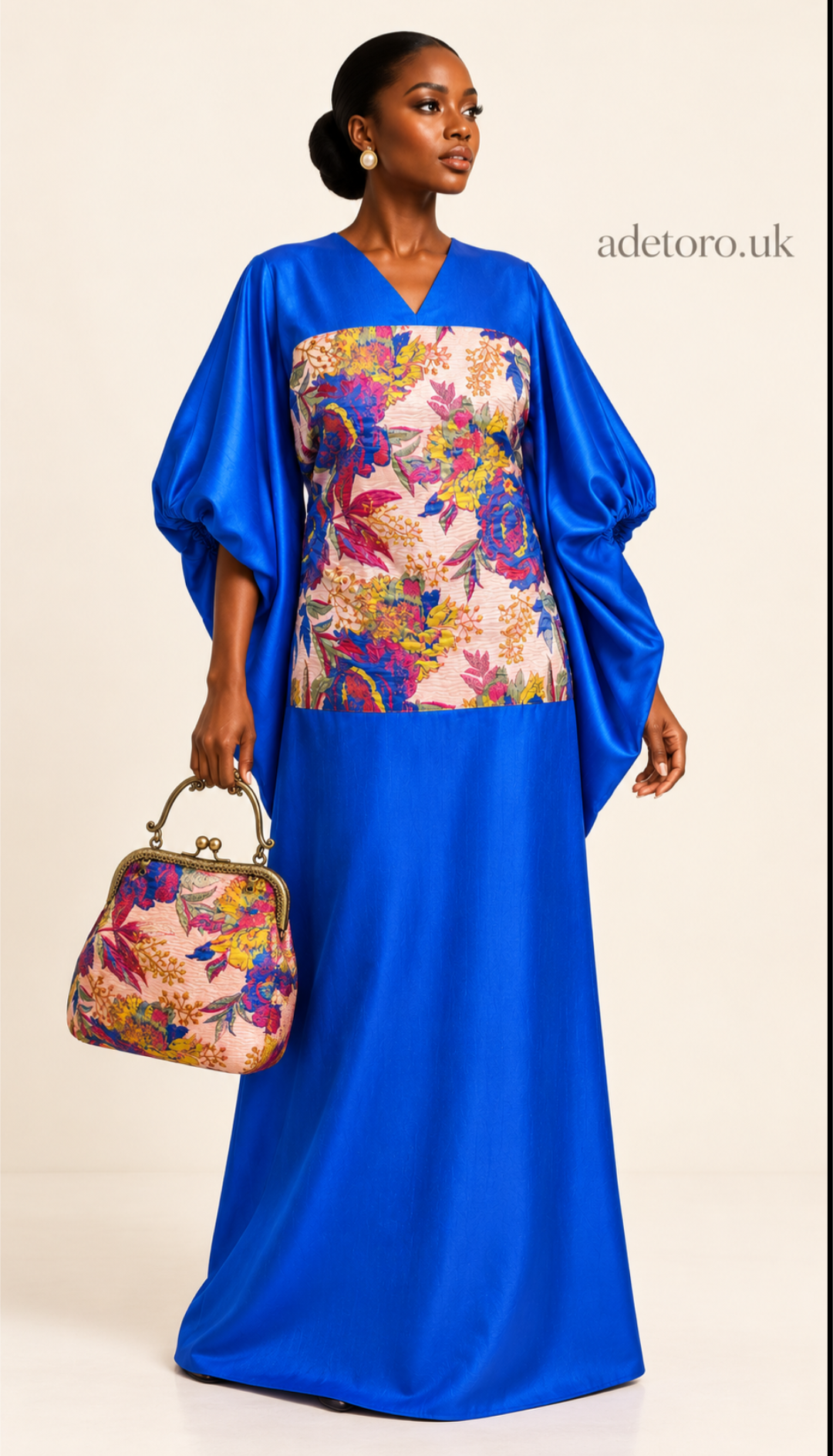 Zuri Royal Blue African Kaftan Dress & Matching Bag Set, Kimono