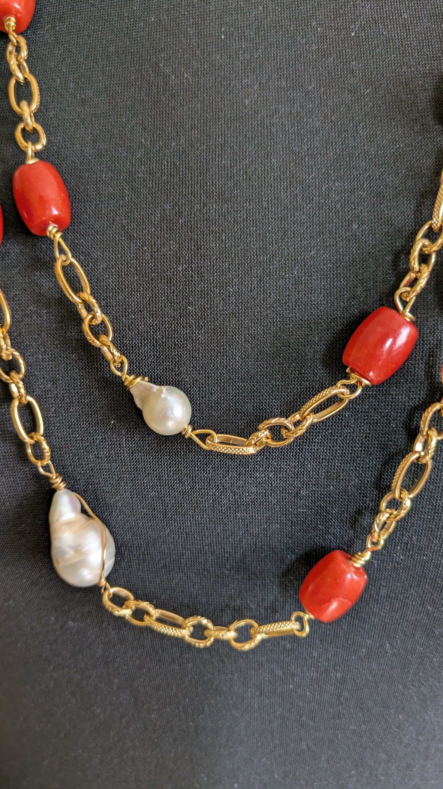 Coral and Pearl Double Strand Necklace and Earrings Set