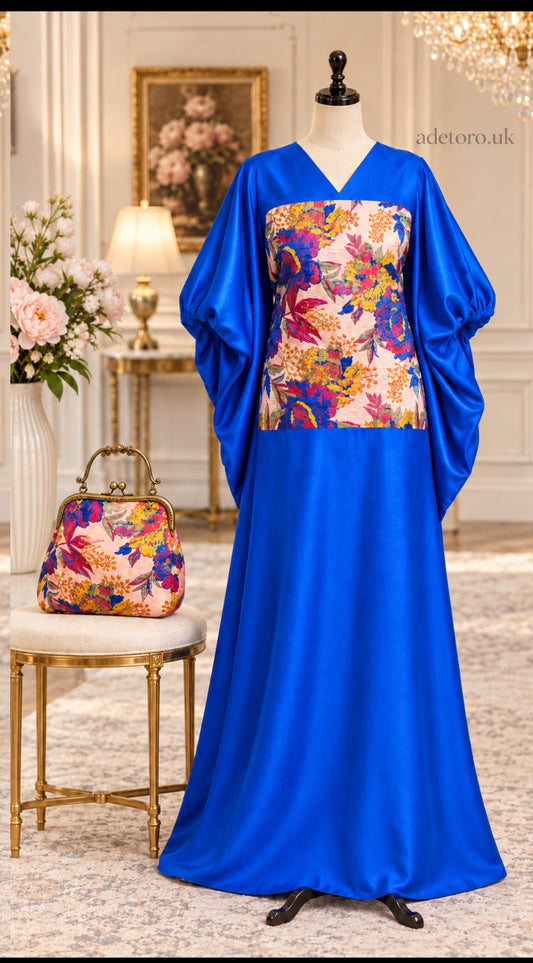 Zuri Royal Blue African Kaftan Dress & Matching Bag Set, Kimono