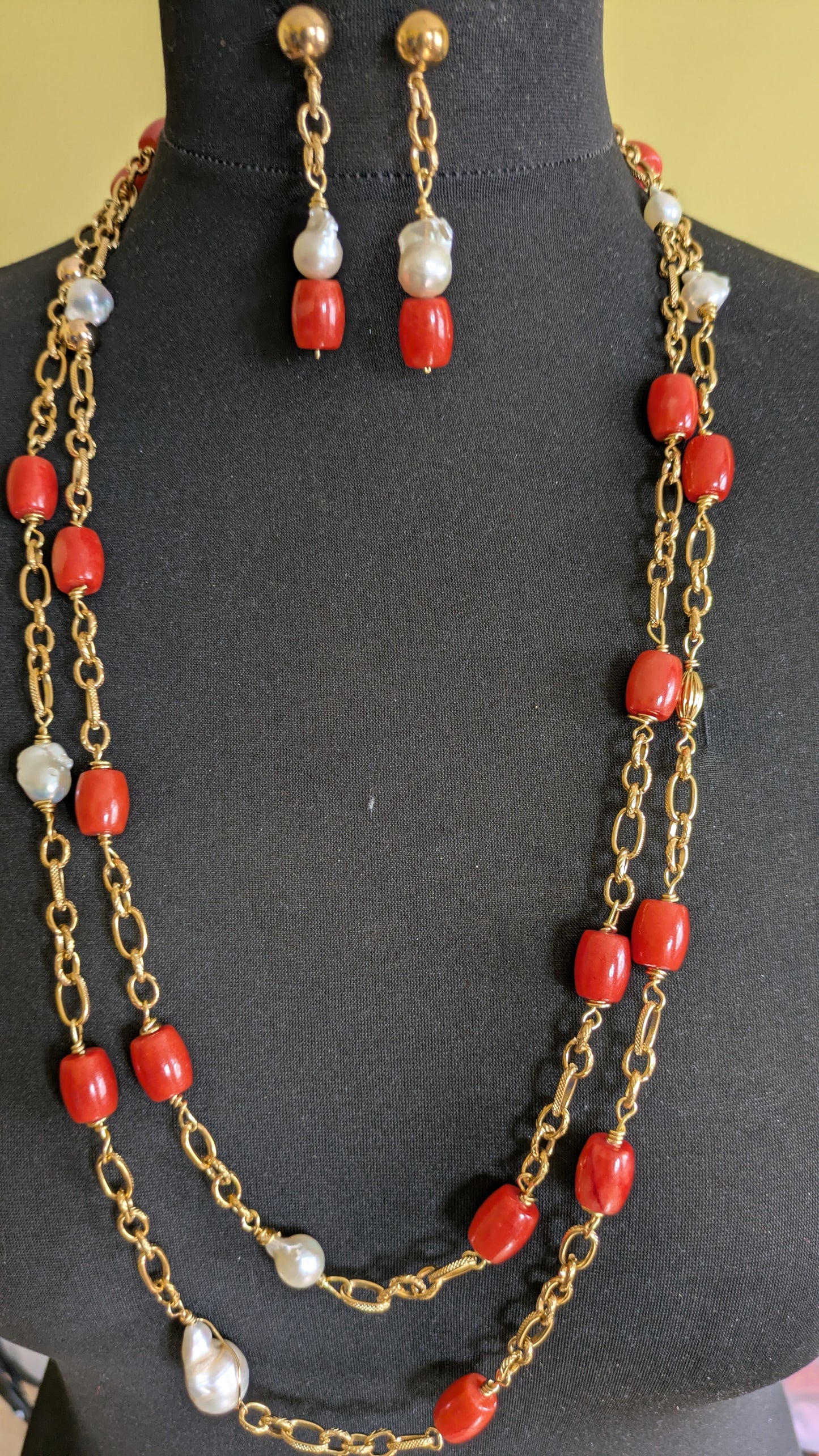 Coral and Pearl Double Strand Necklace and Earrings Set